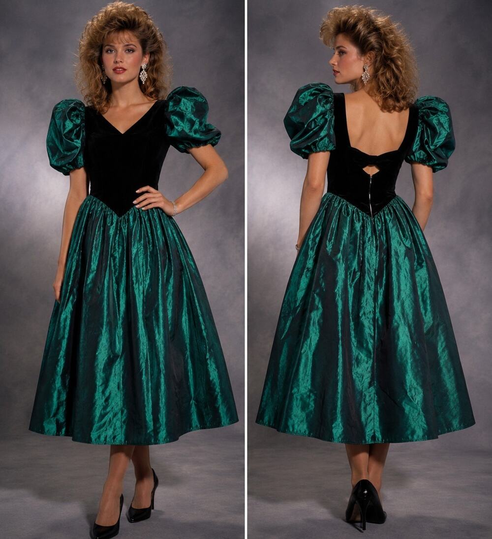 Vintage 80s Green Dress Sz M Party Prom Taffeta Drop Waist Velvet Union Made